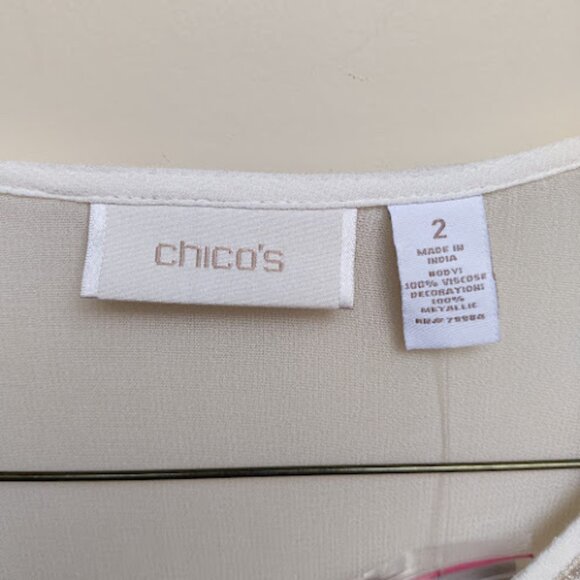 CHICOS NWT Semi Sheer Ivory Metallic Embroidered Blouse 3/4 Sleeve Flowy Boho 2 - Picture 11 of 13